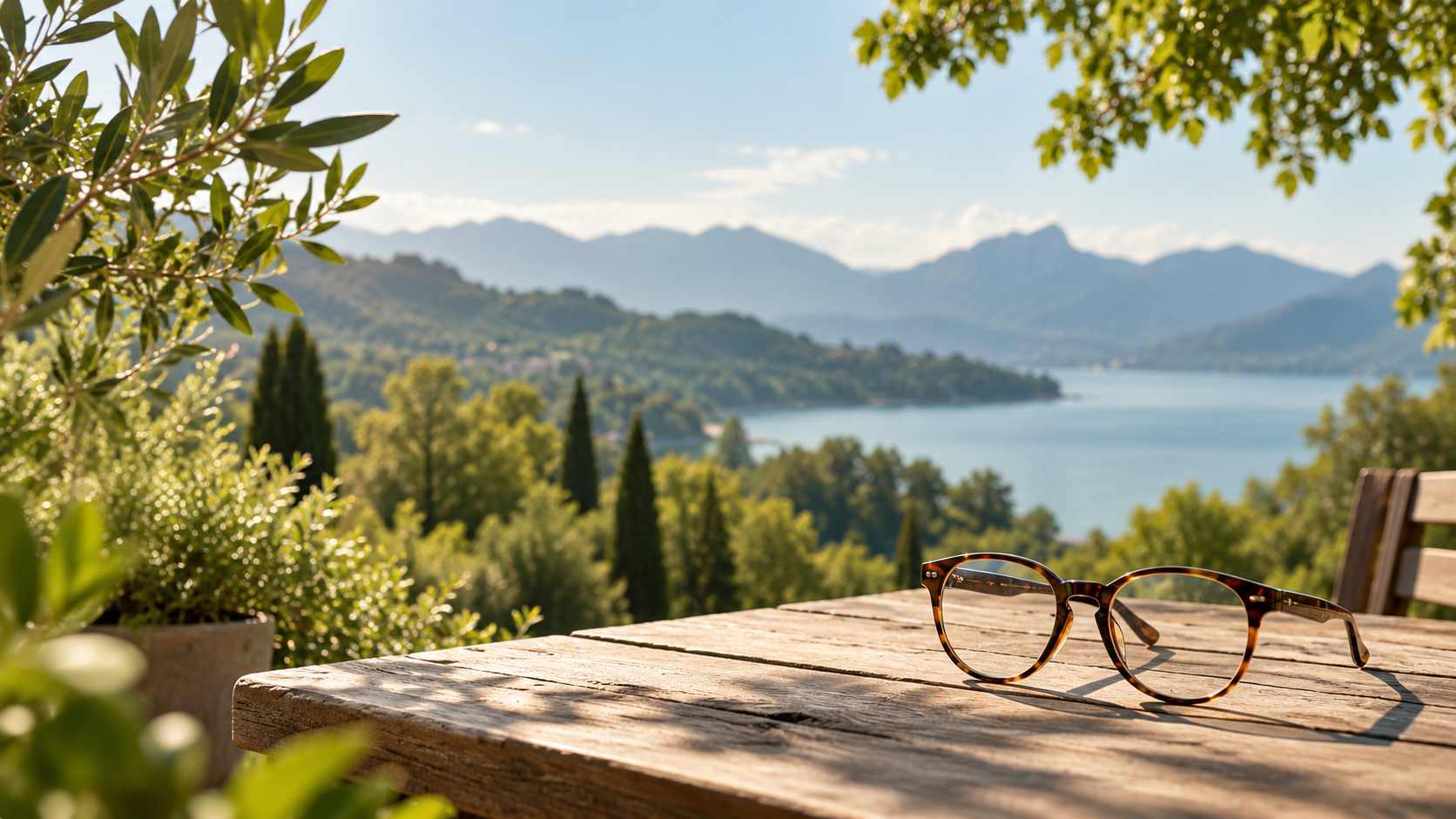 Une paire de lunettes posée sur une table en bois face à un paysage de lac et de montagnes